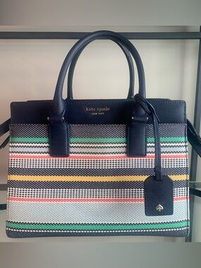 Kate Spade Cameron Boardwalk Stripe Satchel Navy Leather Crossbody Spring Summer